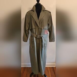 Together Vintage 80s Olive Green Cotton Twill Trenchcoat With Leather Accents